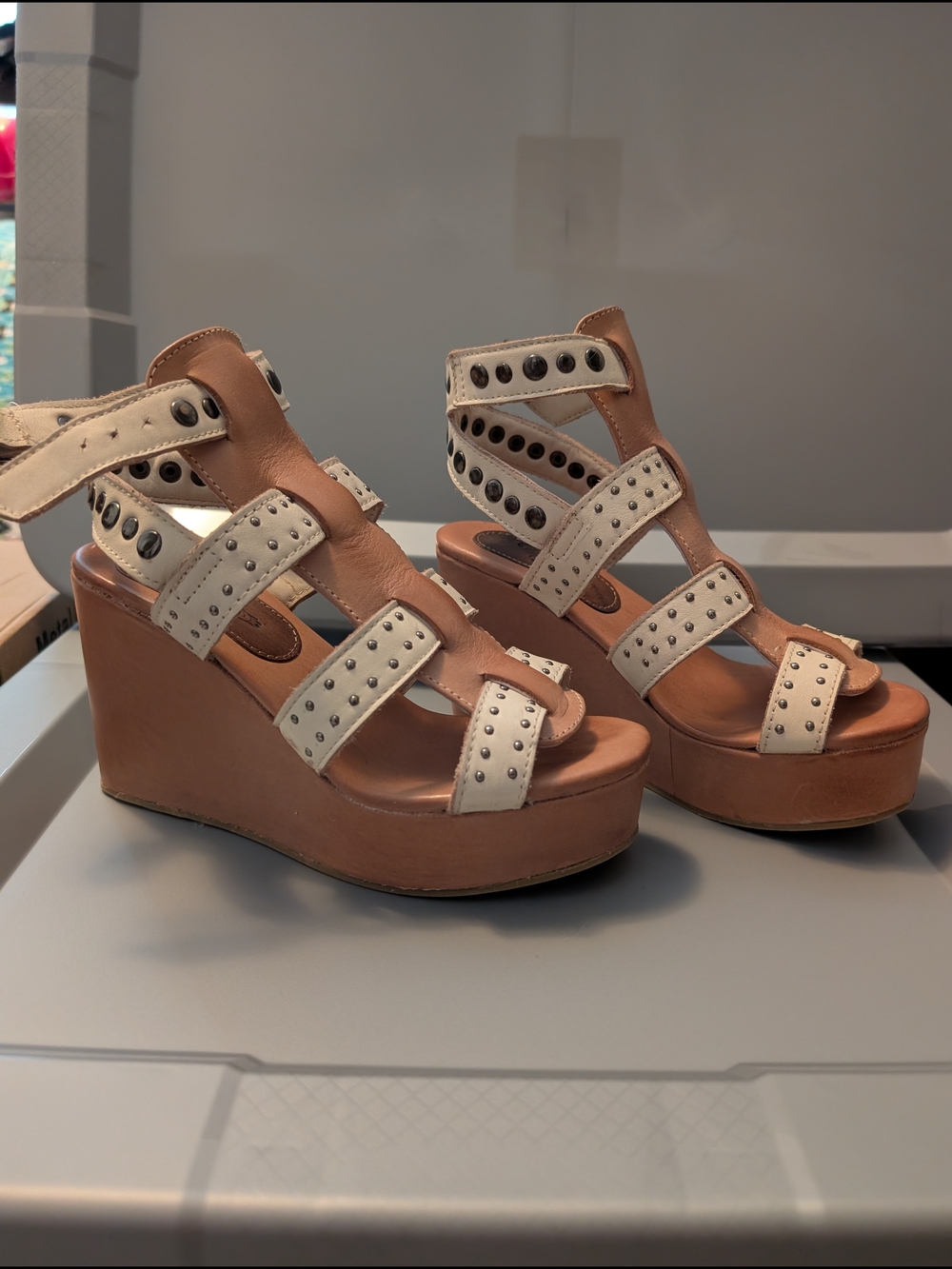 freebird Tan Platform Wedge Sandals with White Studded Straps